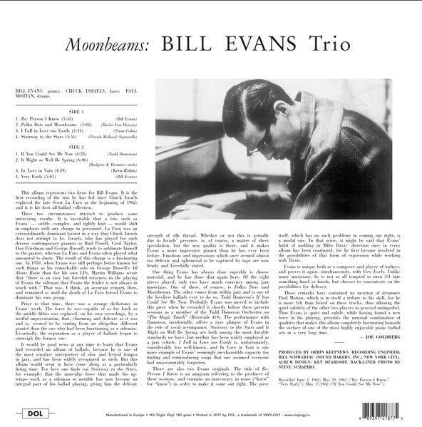 Image of Back Cover of LP - NEW/NEW - THE BILL EVANS TRIO, Moon Beams (DOL; DOL877HG, Europe 2022 Reissue, 180 Gram Vinyl), ,  - 1336094E