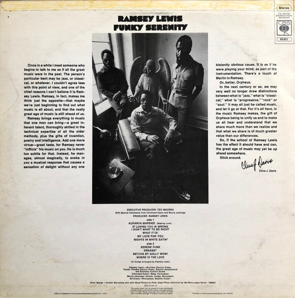 Image of Back Cover of 4444273S: LP - RAMSEY LEWIS, Funky Serenity (CBS; 65307, UK 1973, Pasteback Sleeve) Edge/corner/ringwear. Hairline marks/scuffs.  VG/VG