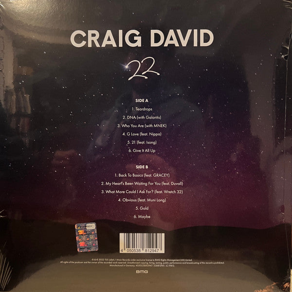 Image of Back Cover of 1454077S: LP - CRAIG DAVID, 22 (BMG; 538812941, Europe 2022, Inner)   NEW/NEW