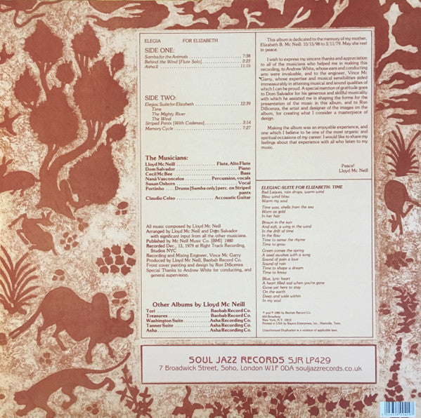 Image of Back Cover of LP - EX/VG+ - LLOYD MCNEILL, Elegia (Soul Jazz Records; SJR LP429, UK 2019 Reissue, Inner), Sleeve still in opened shrinkwrap with hype sticker. Vinyl has some light marks from paper inner.,  - 3916172C
