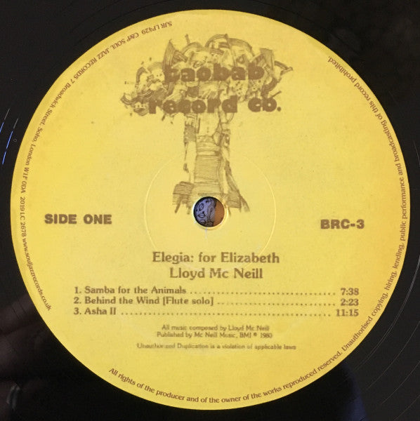 Image of Label Cover of LP - EX/VG+ - LLOYD MCNEILL, Elegia (Soul Jazz Records; SJR LP429, UK 2019 Reissue, Inner), Sleeve still in opened shrinkwrap with hype sticker. Vinyl has some light marks from paper inner.,  - 3916172C