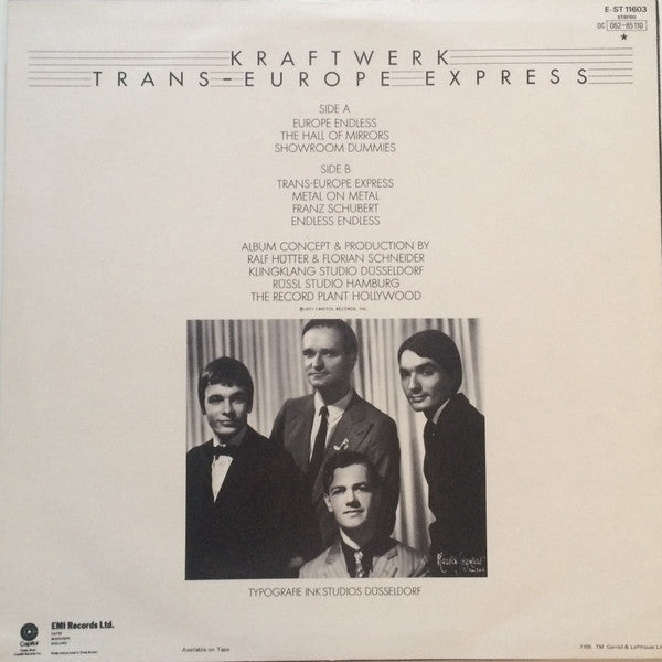 Image of Back Cover of LP - VG/VG - KRAFTWERK, Trans Europe Express (Capitol Purple Labels "Unauthorised Copying..." 9 O'Clock Rim Text; E-ST 11603, UK 1977, Inner), A few light hairlines, Sleeve lightly worn,  - 3616085C