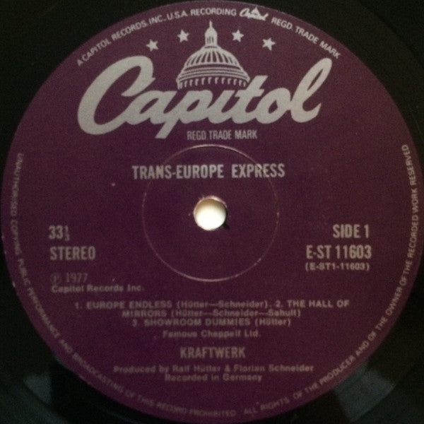 Image of Label Cover of LP - VG/VG - KRAFTWERK, Trans Europe Express (Capitol Purple Labels "Unauthorised Copying..." 9 O'Clock Rim Text; E-ST 11603, UK 1977, Inner), A few light hairlines, Sleeve lightly worn,  - 3616085C