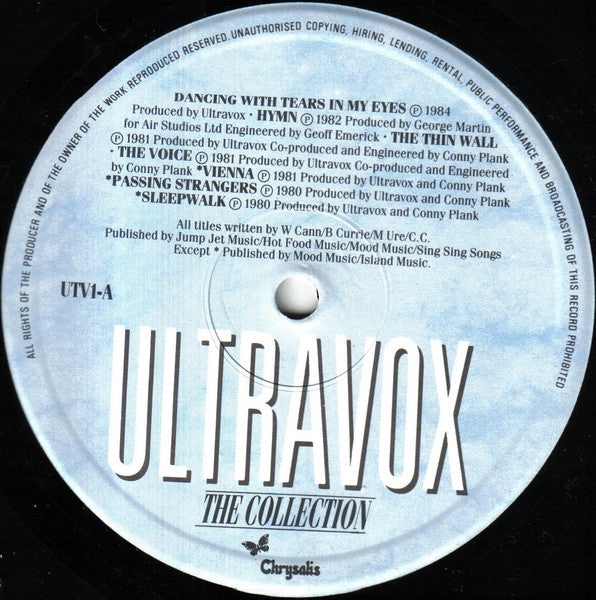 Image of Label Cover of LP - VG/VG - ULTRAVOX, The Collection (Chrysalis; UTV1, UK 1984, No Inner), Strong VG throughout.,  - 2016142C