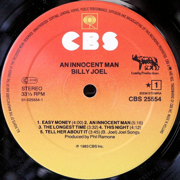 Image of Label Cover of LP - VG/VG - BILLY JOEL, An Innocent Man (CBS Orange/Yellow Family Productions Logo; CBS 25554, Europe 1983, Inner), Hype stickered sleeve.,  - 1116049C