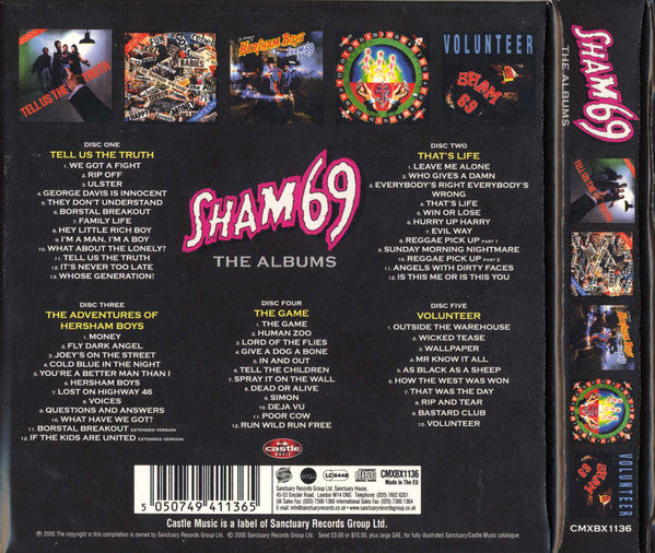 Image of Back Cover of 5xCD - VG/VG - SHAM 69, The Albums (Castle Music; CMXBX1136, UK 2005, Clamshell Box Set, Booklet), Shelf wear, light cosmetic marks.,  - 3216265C