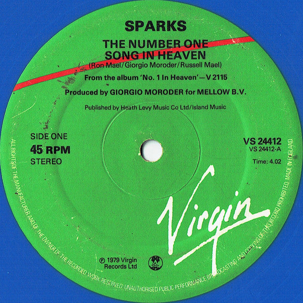 Image of Label Cover of 12" - VG/G+ - SPARKS, Number One Song In Heaven (Virgin; VS24412, UK 1979, Picture Sleeve, Blue Vinyl), Hairlines. ,  - 2716379C