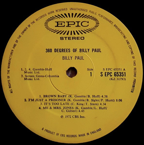 Image of Label Cover of LP - G+/G+ - BILLY PAUL, 360 Degrees Of Billy Paul (Epic Yellow; S EPC 65351, UK 1972), ,  - 3846159S