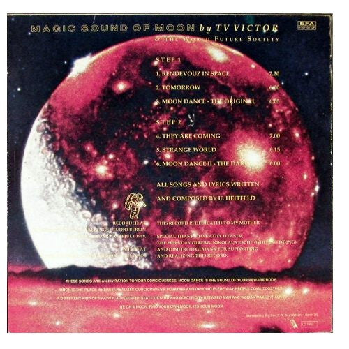 Image of Back Cover of 3844243S: LP - TV VICTOR & THE WORLD FUTURE SOCIETY, Magic Sound Of The Moon - Moondance (Big Sex Records; EFA 01761/08 LP, Germany 1989, Picture Sleeve) one hairline otherwise vinyl and sleeve in great shape! peel mark top left sleeve - minor  VG/VG+