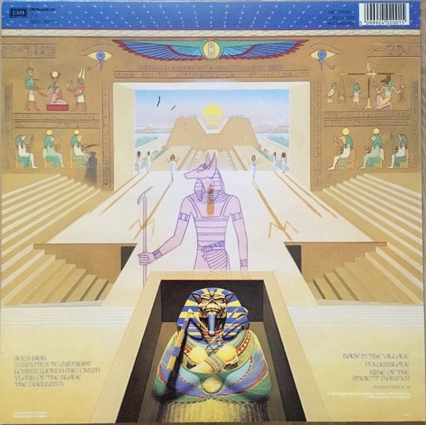 Image of Back Cover of LP - VG/G+ - IRON MAIDEN, Powerslave (EMI; POWER1, UK Reissue, Non-Textured Sleeve, Inner With Square Corners, TA - 5C/T B - 5C), Creased corner/sleeve opening. ,  - 2326276E