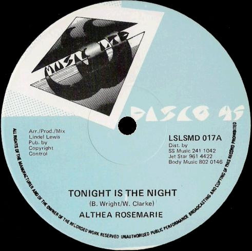 Image of Front Cover of 12" - /VG - ALTHEA ROSEMARIE, Tonight Is The Night / You're Unique (SS Music Ltd.; LSLSMD 017, UK 1982, Company Sleeve), ,  - 2446003S