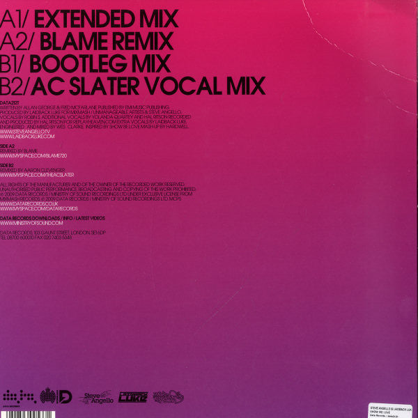 Image of Back Cover of 12" - G+/VG+ - STEVE ANGELLO & LAIDBACK LUKE FEAT. ROBIN S, Show Me Love (Data Records; DATA212T, UK 2009, Picture Sleeve), Sleeve has creased corners & edgewear., A1 Show Me Love (Extended Mix)A2 Show Me Love (Blame Remix)B1 Show Me Love (Bootleg Mix)B2 Show Me Love (AC Slater Vocal Mix) - 3626233E