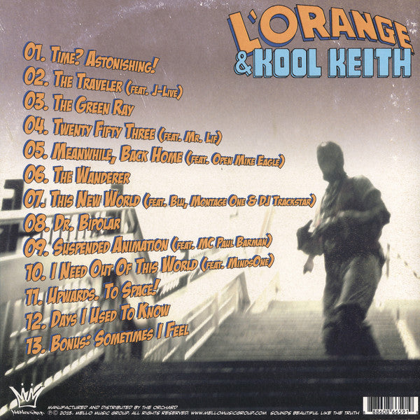Image of Back Cover of LP - VG/VG+ - L'ORANGE & KOOL KEITH, Time? Astonishing! (Mello Music Group; MMG00073-1, US 2015, Light blue & white splatter vinyl), ,  - 0946141S