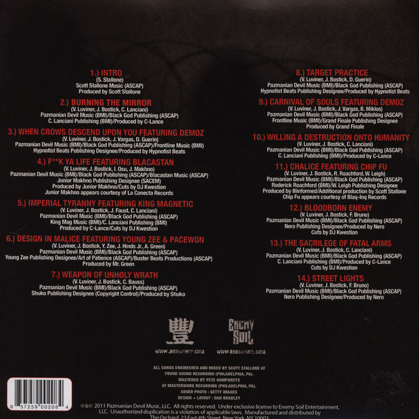 Image of Back Cover of 2xLP - VG/EX - JEDI MIND TRICKS, Violence Begets Violence (Enemy Soil; ES-LP-1103, US 2011), Opened instore, vinyl unplayed, shrinkwrap damaged so removed, corner creases top & bottom of opening edge,  - 3246124S