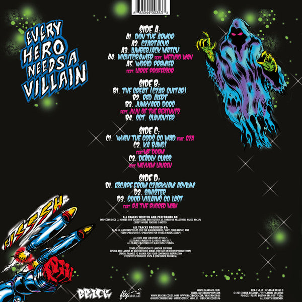 Image of Back Cover of 2xLP - VG/VG+ - CZARFACE, Every Hero Needs A Villain (Brick Records; BRK-153-LP, US 2015, Clear Plastic Stickered Sleeve, Clear Vinyl, Includes full-sized "Death & Abduction" comic. Limited edition of 3000.), Slight creasing to the sleeve. Otherwise excellent copy,  - 2646197S