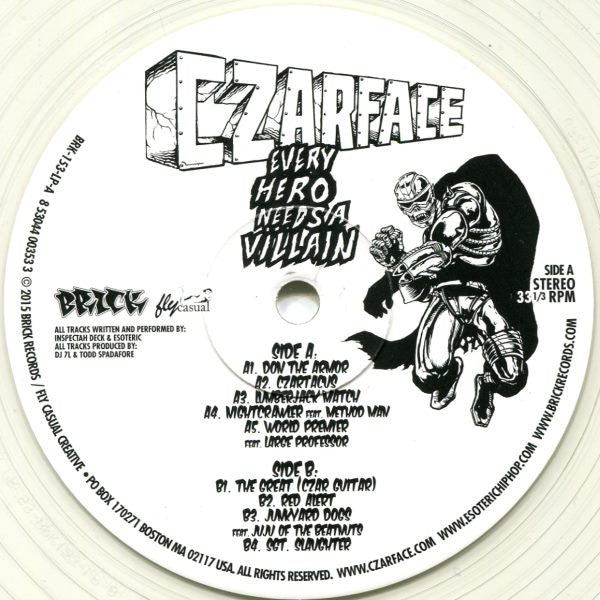 Image of Label Cover of 2xLP - VG/VG+ - CZARFACE, Every Hero Needs A Villain (Brick Records; BRK-153-LP, US 2015, Clear Plastic Stickered Sleeve, Clear Vinyl, Includes full-sized "Death & Abduction" comic. Limited edition of 3000.), Slight creasing to the sleeve. Otherwise excellent copy,  - 2646197S