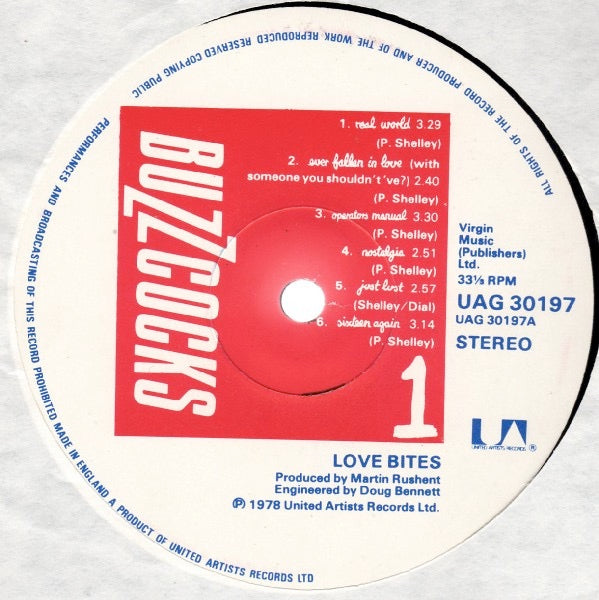Image of Label Cover of LP - G+/G+ - BUZZCOCKS, Love Bites (United Artists Records; UAG 30197, UK 1978, Debossed Sleeve, Insert), Sleeve has ringwear and staining. Many light marks on the vinyl.,  - 2326281E