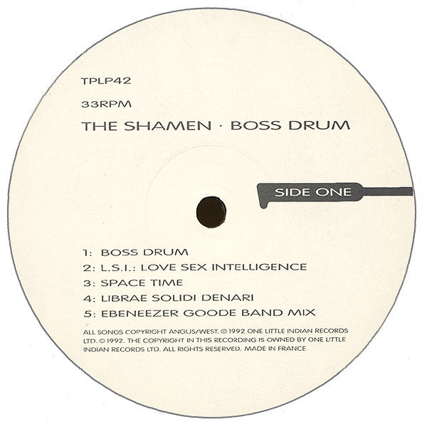 Image of Label Cover of LP - VG/VG - THE SHAMEN, Boss Drum (One Little Indian; TPLP42, UK 1992, Picture Sleeve, Inner), light marks only. printed inner. small peel mark top right front sleeve,  - 2846165S