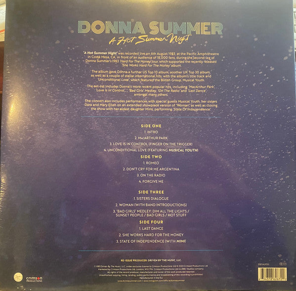 Image of Back Cover of 1714140C: 2xLP - DONNA SUMMER, A Hot Summer Night (Crimson; DBTMLP211, UK 2023 Reissue, Gatefold, 2 Inners, Clear Vinyl)   VG+/EX