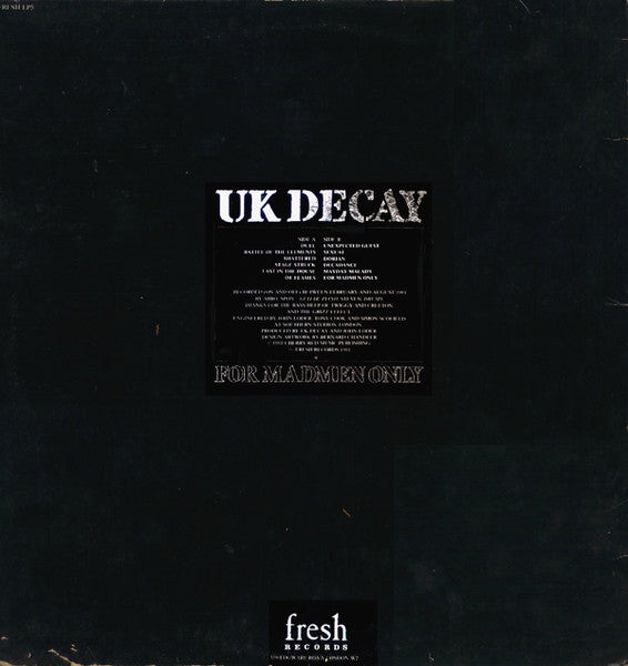 Image of Back Cover of LP - VG/VG - UK DECAY, For Madmen Only (Fresh; FRESHLP5, UK 1981, Gatefold, Stickered Sleeve), A few light surface marks, Some foxing inside gatefold. ,  - 4416076C