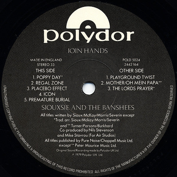 Image of Label Cover of LP - VG/VG - SIOUXSIE AND THE BANSHEES, Join Hands (Polydor; POLD 5024, UK 1979, Gatefold, Inner, "Rays" In Runout), Strong VG,  - 2526377E