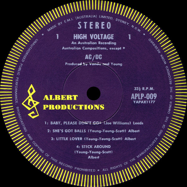 Image of Label Cover of LP - VG/VG - AC/DC, High Voltage (Albert Productions; APLP.009, Australia 1977 Reissue, Blue And Yellow Labels Without Kangaroo), A few light hairlines. Mild edgewear and ringwear. ,  - 3126120E