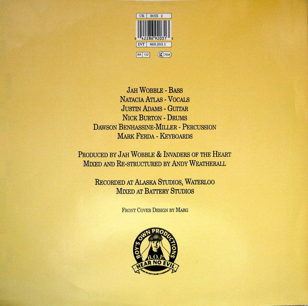 Image of Back Cover of 12" - VG/G - JAH WOBBLE'S INVADERS OF THE HEART, Bomba (Boy's Own Productions; BOIX 2, UK 1990, Picture Sleeve), Light marks but they are legion. ,  - 3416128C