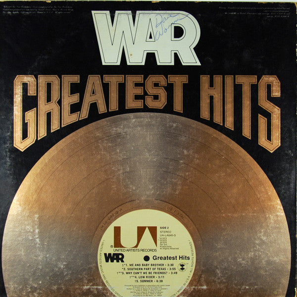 Image of Back Cover of 4244075S: LP - WAR, Greatest Hits (United Artists Records; UA-LA648-G, US 1976, Inner) Lightest of marks. Hole in top right of sleeve.  VG/VG+