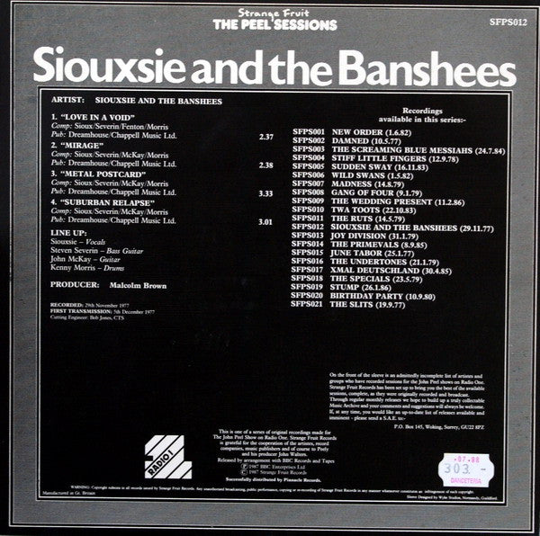 Image of Back Cover of 12" EP - VG/VG+ - SIOUXSIE AND THE BANSHEES, The Peel Sessions (Strange Fruit; SFSP012, UK 1987, Textured Sleeve), Top edge seam split,  - 3346261S