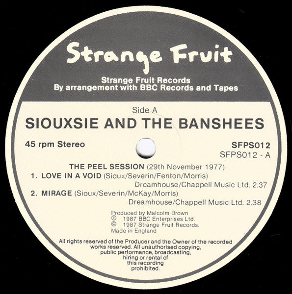 Image of Label Cover of 12" EP - VG/VG+ - SIOUXSIE AND THE BANSHEES, The Peel Sessions (Strange Fruit; SFSP012, UK 1987, Textured Sleeve), Top edge seam split,  - 3346261S
