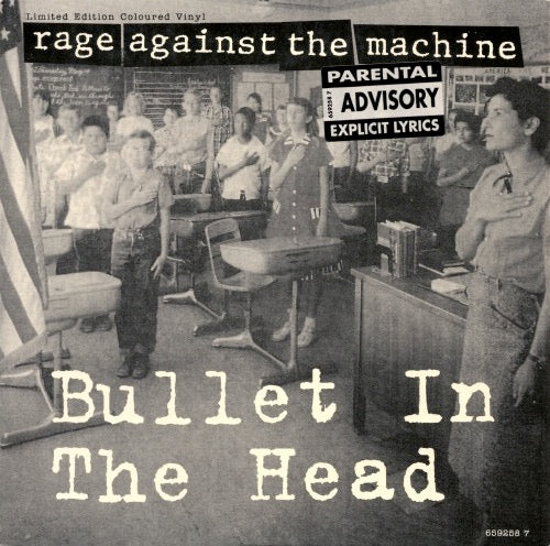 Image of Front Cover of 4814291C: 7" - RAGE AGAINST THE MACHINE, Bullet In The Head (Epic; 659258 7, UK 1993, Parental Advisory Stickered Sleeve, "Blood Marked" Picture Disc)   EX/EX