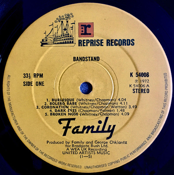 Image of Label Cover of 4745393S: LP - FAMILY, Bandstand (Reprise Tan, No WB Logo; K 54006, UK 1972, Die Cut Gatefold Sleeve With Plastic Window, Die Cut Inner, Stereo) Very slight dishing to disc. Hairlines, scuffs. Edge wear. Small seam split to inner.  VG/VG