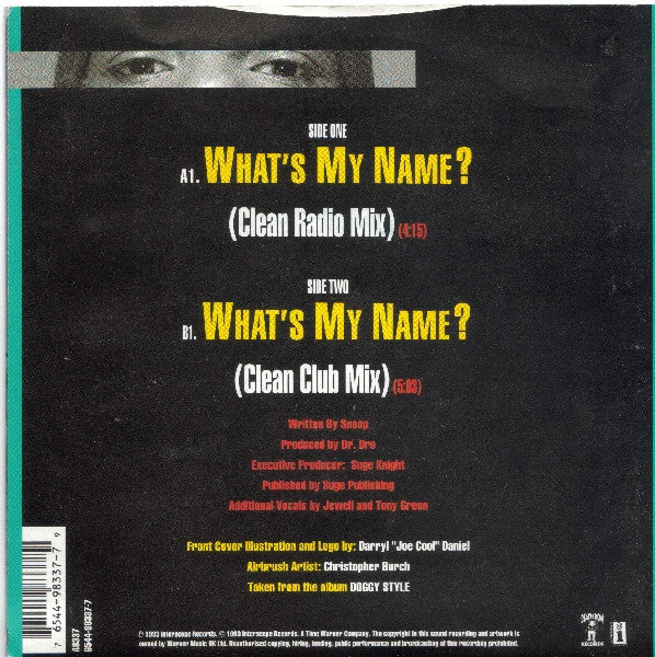 Image of Back Cover of 7" - VG/VG - SNOOP DOGGY DOGG, What's My Name? (Death Row Records; A8337, UK 1993, Picture Sleeve), A few small creases to sleeve. Disc has some light marks/scuffs!,  - 3016257C