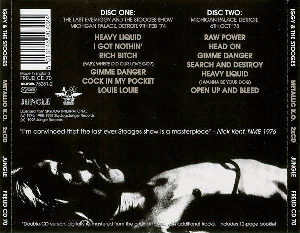 Image of Back Cover of CD - VG+/VG+ - IGGY AND THE STOOGES, Metallic KO (Jungle Records; FREUD CD 70, UK 1999, Jewel Case), ,  - 3516501C