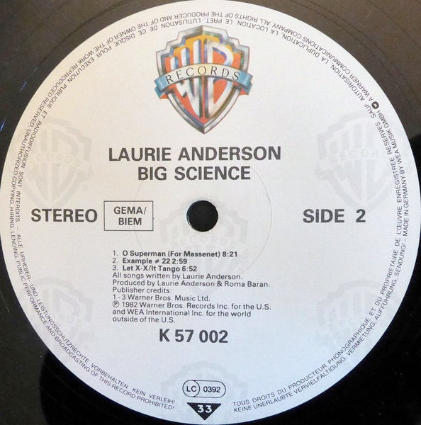 Image of Label Cover of LP - VG/G - LAURIE ANDERSON, Big Science (Warner Bros. Records GEMA/BIEM; WB 57 002, Europe 1982 Reissue, Inner, No Barcode), Edge Wear,  - 3746139S