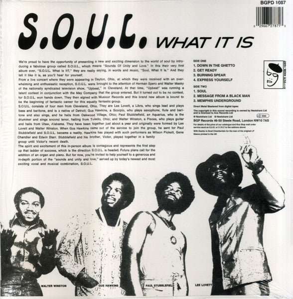 Image of Back Cover of 2313164C: LP - S.O.U.L., What Is It (BGP Records; BGPD 1087, UK Reissue)   NEW/NEW