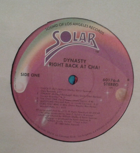 Image of Label Cover of LP - EX/EX - DYNASTY, Right Back At Cha! (Solar; 60176, US 1982), Still in opened shrinkwrap. ,  - 4426009E