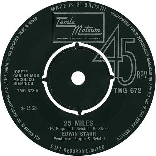 Image of Front Cover of 7" - /VG+ - EDWIN STARR, 25 Miles / Mighty Good Lovin' (Tamla Motown; TMG 672, UK 1969 Reissue, Plain Sleeve, Mono), Strong VG+.,  - 1456109S