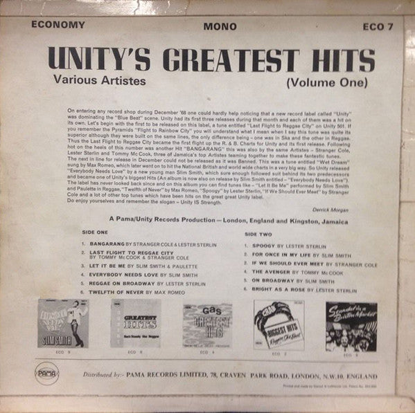 Image of Back Cover of LP - VG+/F - VARIOUS ARTISTS, Unity's Greatest Hits (Economy; ECO 7, UK 1969, Laminated Front Flipback Sleeve), Track B1 has two feelable marks, skips. The rest of the album is shiny EX, plays perfect. Clean labels. Light wear on back sleeve, looks amazing.,  - 3016156C