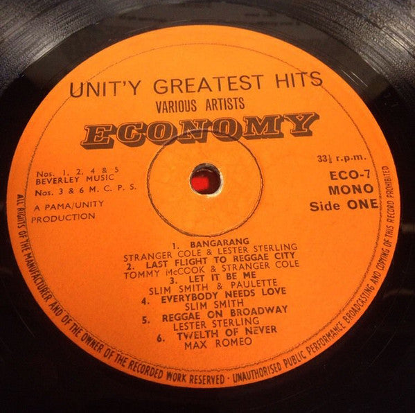 Image of Label Cover of LP - VG+/F - VARIOUS ARTISTS, Unity's Greatest Hits (Economy; ECO 7, UK 1969, Laminated Front Flipback Sleeve), Track B1 has two feelable marks, skips. The rest of the album is shiny EX, plays perfect. Clean labels. Light wear on back sleeve, looks amazing.,  - 3016156C