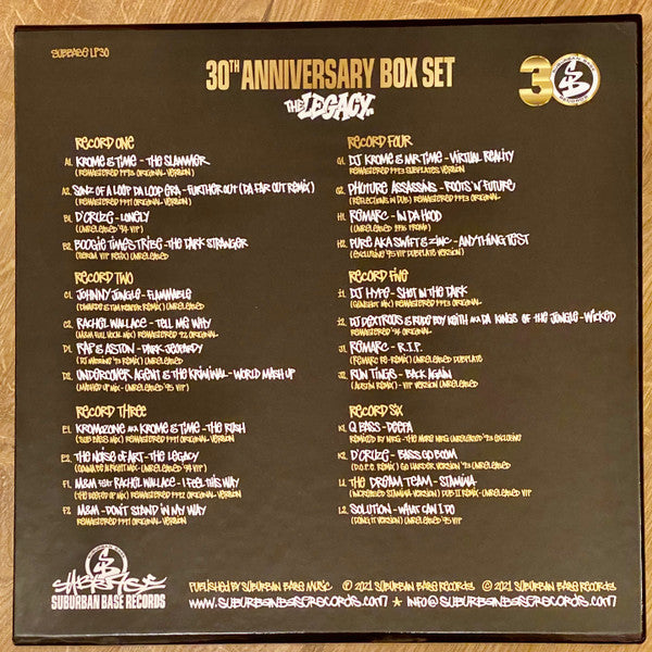 Image of Back Cover of 6xLP - VG+/VG+ - VARIOUS, Suburban Base 30th Anniversary - The Legacy (Suburban Base Records; SUBBASELP30, UK 2021, Box Set, 6 Inners), strong VG+. complete box set in excellent condition all-round!,  - 3246053S