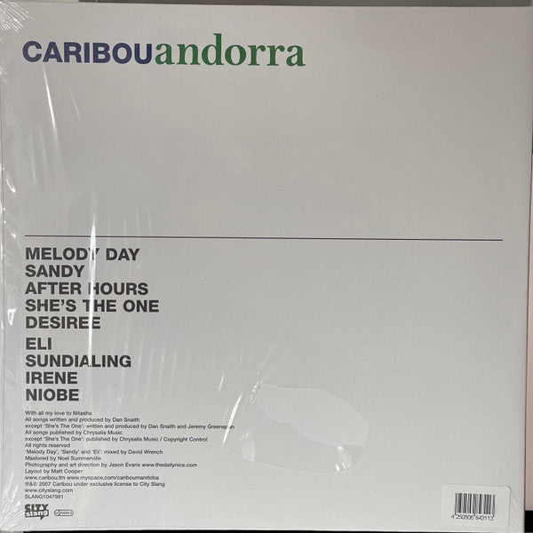 Image of Back Cover of 4254546S: LP - CARIBOU, Andorra (City Slang; SLANG 50467X,  2022, Limited White Vinyl & Download)   NEW/NEW