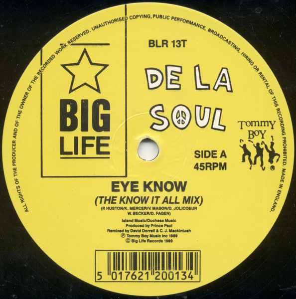 Image of Label Cover of 12" - VG/VG - DE LA SOUL, Eye Know/ The Mack daddy On The Left (Big Life; BLR 13T, UK 1989, Picture Sleeve), ,  - 2026077E