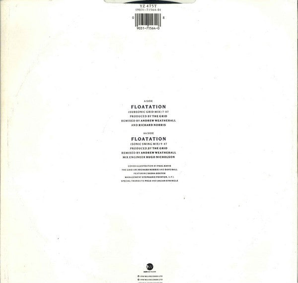 Image of Back Cover of 4945269S: 12" - THE GRID, Floatation (EastWest; YZ 475T, UK 1990, Picture Sleeve) Marks on either side of disc. Seam split.  G+/G+