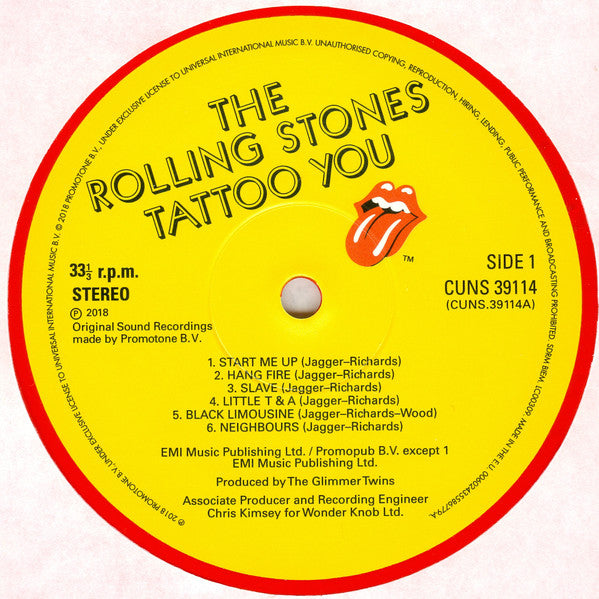 Image of Label Cover of LP - VG+/VG+ - THE ROLLING STONES, Tattoo You (Rolling Stones Records ; CUNS 39114,   2021 Reissue, Printed Plastic Outer Sleeve, Inner, 180 Gram Red Vinyl, Half-Speed Mastered, Ltd to 1000, One of 500 sold at Stones' Carnaby Street store with store sticker), ,  - 3146017S