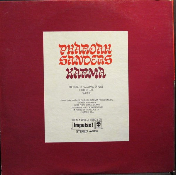 Image of Back Cover of LP - VG/VG - PHAROAH SANDERS, Karma (Impulse / ABC Records; AS-9181, US 1969, Laminated Gatefold Pasteback Sleeve, Company Inner, Stereo), Nice sturdy sleeve with light edge wear, marks and discolouration. A few light unfeelable marks on disc.,  - 3846098S