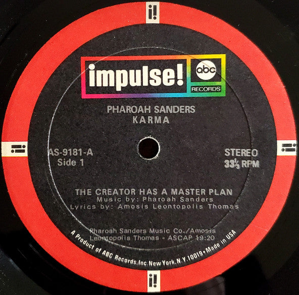 Image of Label Cover of LP - VG/VG - PHAROAH SANDERS, Karma (Impulse / ABC Records; AS-9181, US 1969, Laminated Gatefold Pasteback Sleeve, Company Inner, Stereo), Nice sturdy sleeve with light edge wear, marks and discolouration. A few light unfeelable marks on disc.,  - 3846098S