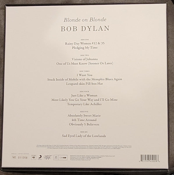Image of Back Cover of 3xLP - EX/M - BOB DYLAN, Blonde On Blonde (Mobile Fidelity Sound Lab; MFSL 3-45009, US 2021 Reissue, Box Set With White Back, Original Master Recordings, Stereo 180g, Ltd Numbered - 008946), Still SEALED In Shrinkwrap,  - 2426039E