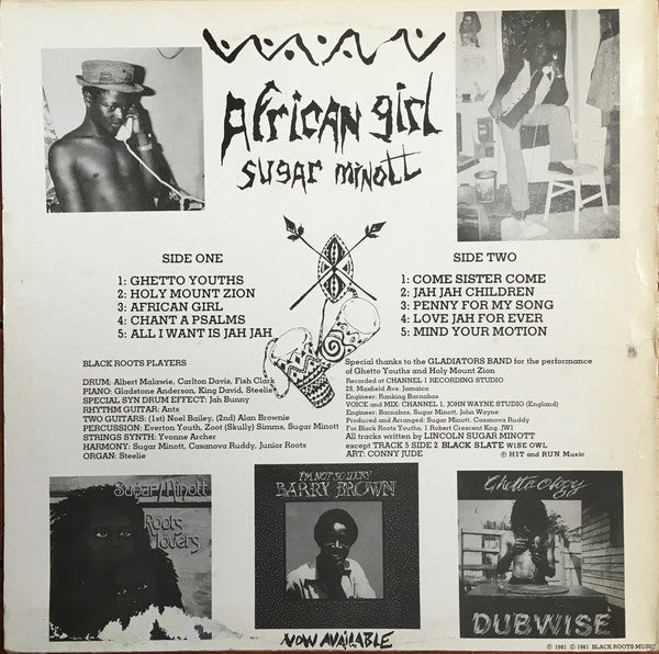 Image of Back Cover of LP - G+/G+ - SUGAR MINOTT, African Girl (Black Roots; BR LP 3000 E, UK 1981, Red print on white.), few marks and scuffs both sides. ring and edgewear to sleeve. few corner dings,  - 2046031S