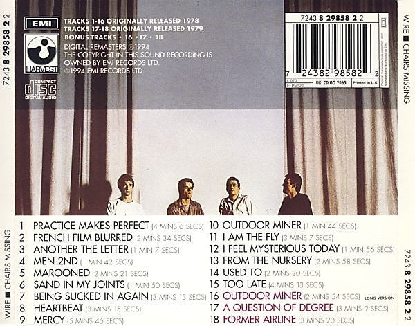 Image of Back Cover of CD - VG+/VG - WIRE, Chairs Missing (Harvest; 7243 8 29858 2 2, Europe 1994 Reissue, Jewel Case), ,  - 3816604C